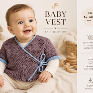 Puede incluir: Un patrón de tejido para chaleco de bebé con el texto BABY VEST Knitting Pattern, tallas 62, 68, 74 meses, instrucciones paso a paso fáciles de seguir, patrón PDF imprimible y descarga instantánea. El chaleco es morado oscuro con borde azul claro.