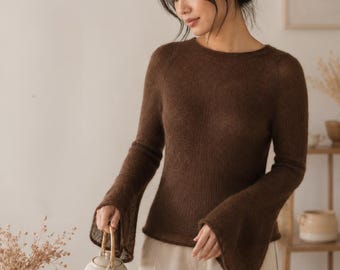 Patrón de suéter de punto marrón, patrón de top raglán de mohair con mangas acampanadas, tallas para principiantes XS-XXL (PDF)