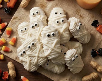 May include: A collection of mummy-shaped cookies covered in white icing with black candy eyes, arranged on a tan fabric surface alongside scattered orange, yellow, and white candy corn, whole peanuts in shells, and wrapped orange candies.