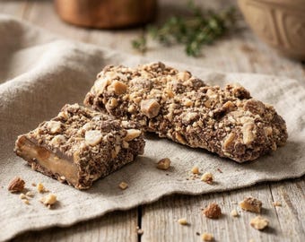 May include: Two rectangular chocolate bars topped with chopped nuts and toffee pieces. One bar is broken in half, revealing a smooth, light brown caramel center. The surface of the bars is textured with crunchy nut fragments and chocolate bits.