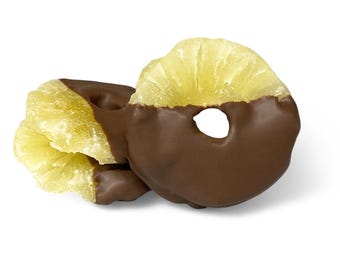 May include: Close-up of chocolate-covered pineapple rings. The yellow pineapple slices are partially dipped in rich, dark chocolate. The image shows a stack of three pieces, with the focus on the front two.