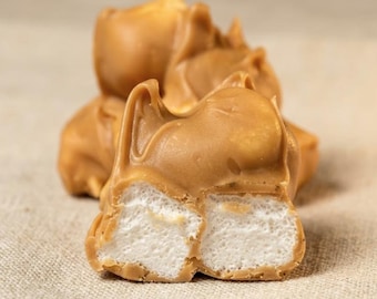 May include: A group of light brown, caramel-coated marshmallow treats. One piece in the foreground is broken in half, revealing a white, airy, porous interior texture. The coating is smooth and glossy, with visible swirls and peaks on the surface.
