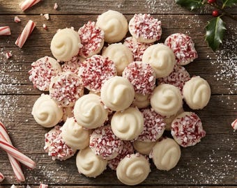 May include: A collection of round white chocolate peppermint candies arranged on a dark wooden surface. Some candies feature a smooth, swirled white chocolate top, while others are topped with crushed red and white peppermint candy pieces.