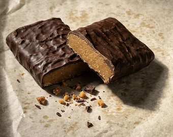 May include: Two rectangular snack bars coated in dark chocolate, with one bar broken in half to reveal a smooth, light brown interior. Small, scattered dark chocolate shavings and light brown crumbs are visible around the base of the bars.