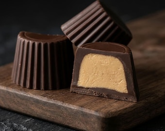 May include: Three dark chocolate cups with fluted sides. One cup is sliced in half to reveal a smooth, light brown peanut butter filling inside. The chocolate exterior is dark brown, while the center filling is a contrasting tan color.