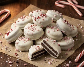 May include: A pile of round chocolate sandwich cookies coated in white icing and topped with crushed red and white peppermint candy pieces. One cookie is broken in half, revealing the dark chocolate layers and white cream filling inside.