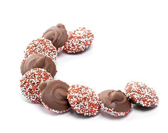 May include: A close-up of a group of chocolate candies with orange and white sprinkles. The candies are arranged in a semi-circle shape on a white background.