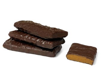 May include: A stack of four chocolate-covered peanut butter bars. The top bar is whole, the next two are partially visible, and the bottom bar is completely visible. A single bar is shown to the right, cut in half to reveal the peanut butter filling.