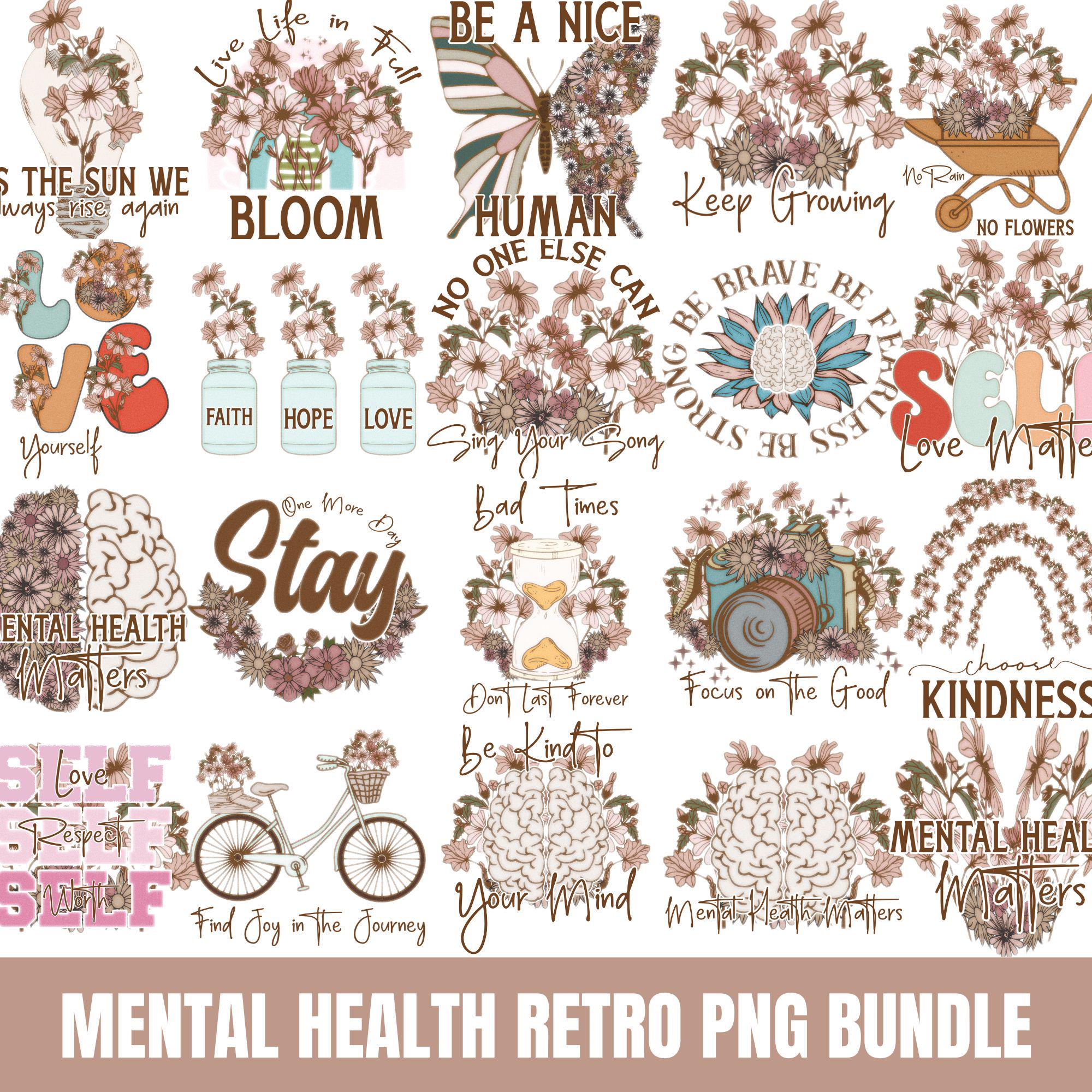 Retro Mental Health Flowers PNG Bundle, Mental Health Retro Clipart ...
