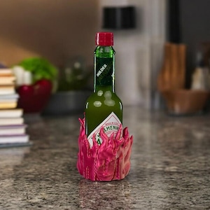 3D Printed Flames Tobasco Hot Sauce Holder – Spicy Hot Sauce Stand – Fiery Kitchen Accessory – Unique Gift for Spice Lovers