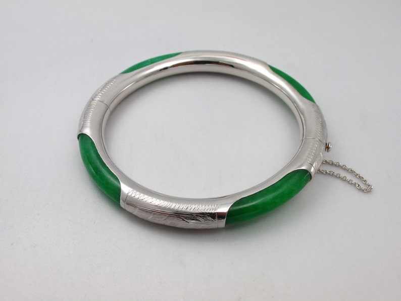 Sterling Silver Gemstone Bangle Bracelet Jewelry, Natural Green Jade Silver Bangle, Gemstone Silver Bracelet Jewelry image 1