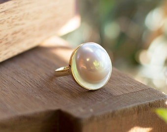 14K Solid Yellow Gold Fine Jewelry, Natural, Genuine Good Luster Pinkish White Blister Mabe Pearl Fine Jewelry Ring