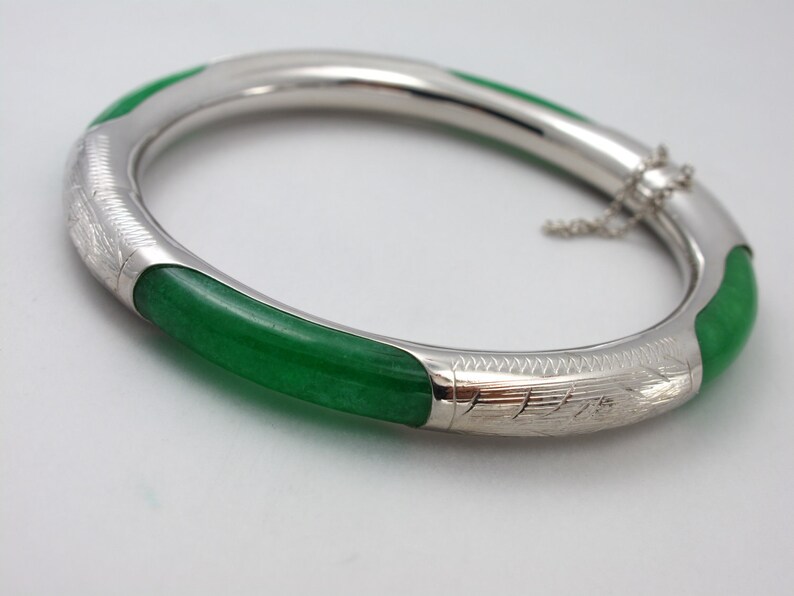 Sterling Silver Gemstone Bangle Bracelet Jewelry, Natural Green Jade Silver Bangle, Gemstone Silver Bracelet Jewelry image 3