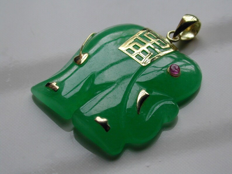 14k Solid Gold Fine Jewelry Natural Green Jade Elephant With Etsy