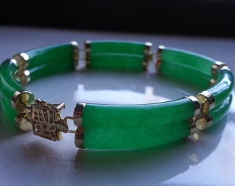 14K Gold TwinTubular Green Colors Jade Link Bracelet YJ3192