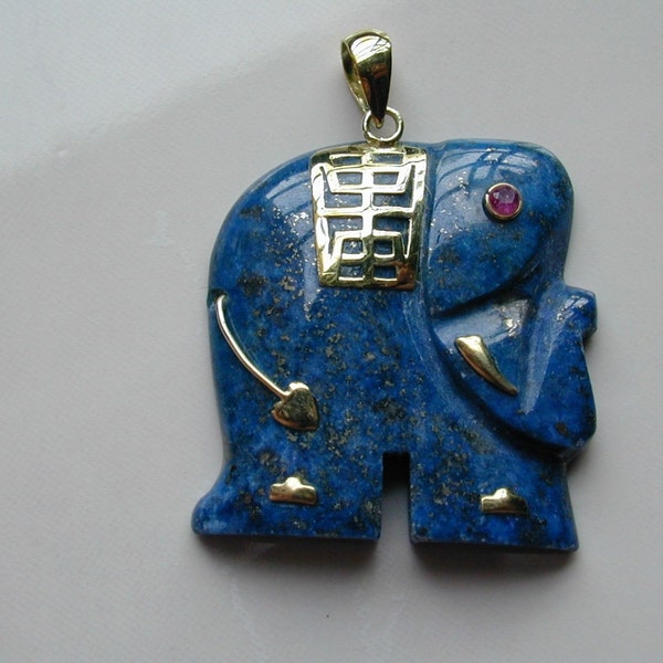 14k Gold Lapis Lazuli Elephant Pendant With A Ruby Eye