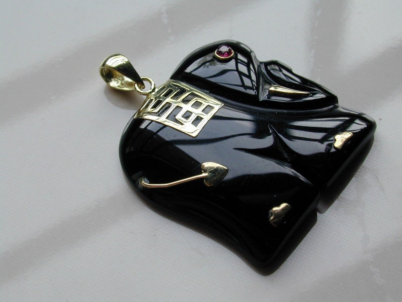 14k Solid Gold Fine Jewelry, Natural Black Onyx Elephant With A Ruby Eye Fine Gemstones Jewelry Pendant YJ3205 image 3