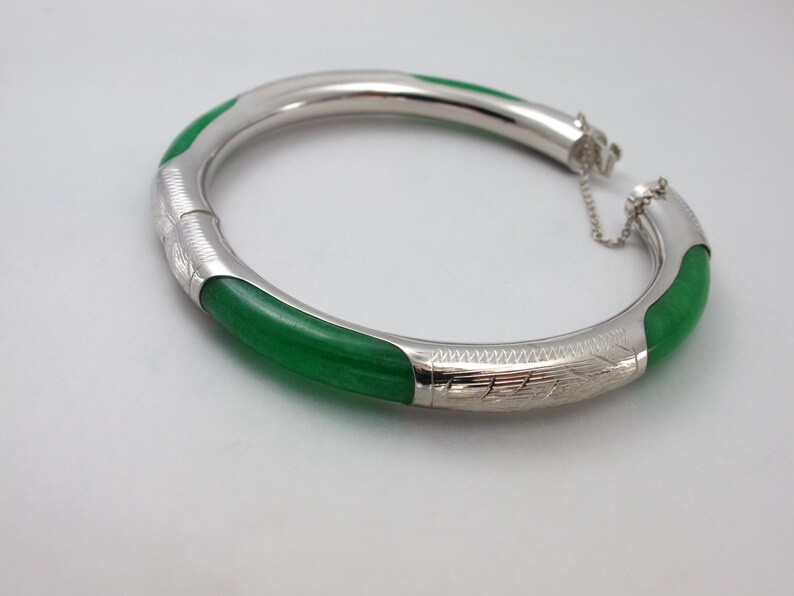 Sterling Silver Gemstone Bangle Bracelet Jewelry, Natural Green Jade Silver Bangle, Gemstone Silver Bracelet Jewelry image 2