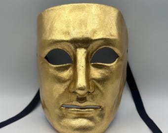 Máscara veneciana dorada hecha a mano: disfraz de mascarada de papel maché