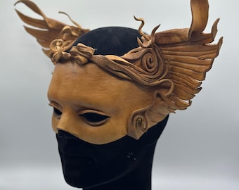 Máscara alada de cuero marrón hecha a mano - Mascarada, Cosplay