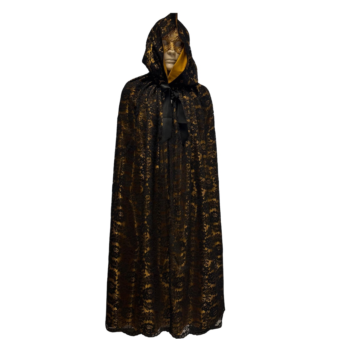 Masquerade Cap Gold Satin Cape With Black Lace - Luxury Halloween Masquerade Cloak - Etsy