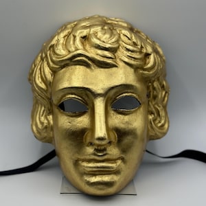 Maschera di Dioniso in oro - maschera di cartapesta in oro - maschera della mitologia greca e maschera della commedia dell'arte - maschera dorata di Halloween