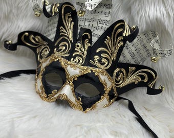 Handmade Jester Masquerade Mask: Venetian Jolly Mask with Music Sheet Bells