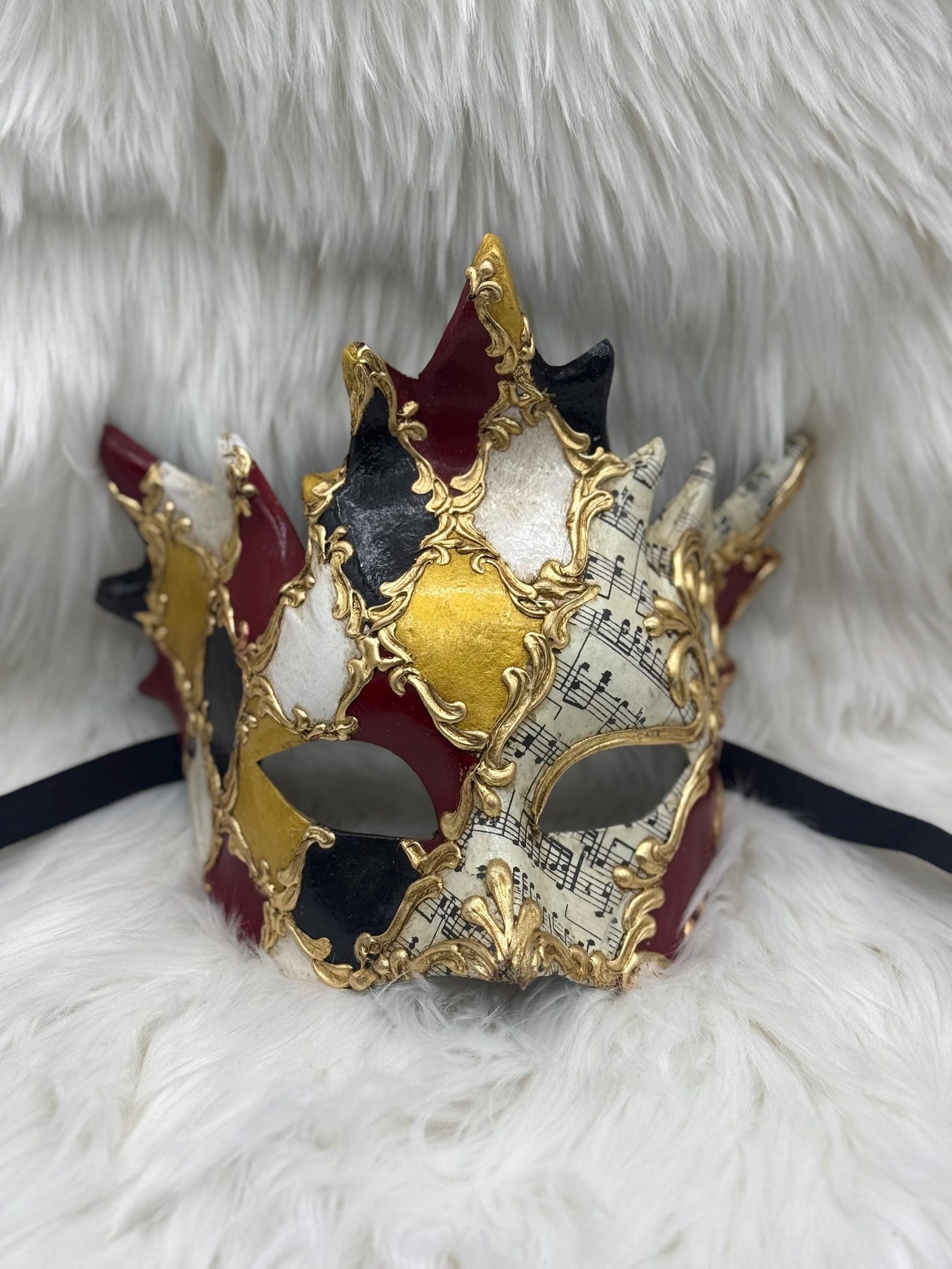 Venetian Harlequin Masquerade – Gold Red Carnival Costume Accessory – Music Notes Design – Italian Venetian Decor