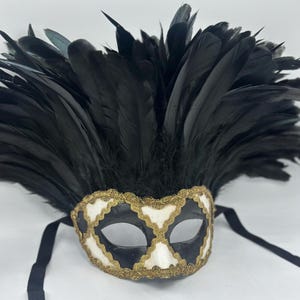 Venetian mask in black, white and gold with beautiful  black feathers- Mask for men and mask for woman - luxury mask