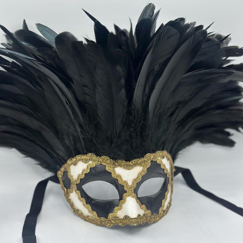 May include: A black masquerade mask with a white and gold design. The mask has a large black feather plume on top.