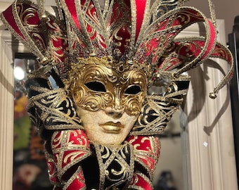 Venetian mask Jester in red and  black velvet with gold. Wearable mask and home decor mask. Halloween mask.