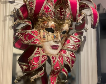Venetian  mask full face with collar. red velvet with gold. Handmade Luxury Wall decoration , home decor and bal masque, costumed ball