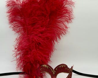 Red Feather Glitter Masquerade Mask – Venetian Carnival Burlesque Costume Ball Accessory