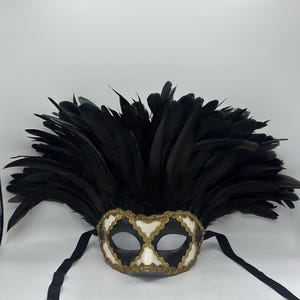 May include: Black masquerade mask with white and gold accents and a black feather plume.