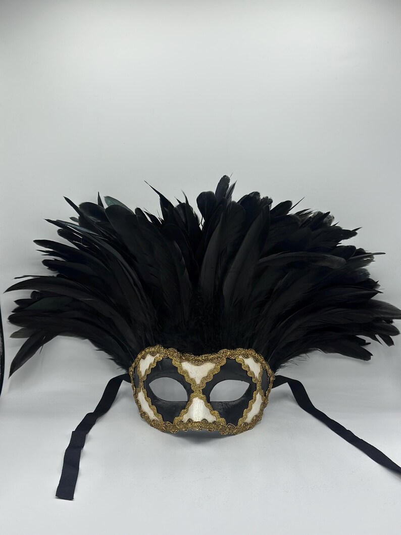 May include: Black masquerade mask with white and gold accents and a black feather plume.