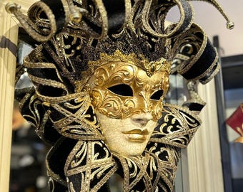 Venetian Jester mask in black velvet with gold. Wearable mask and home decor mask. Halloween mask.