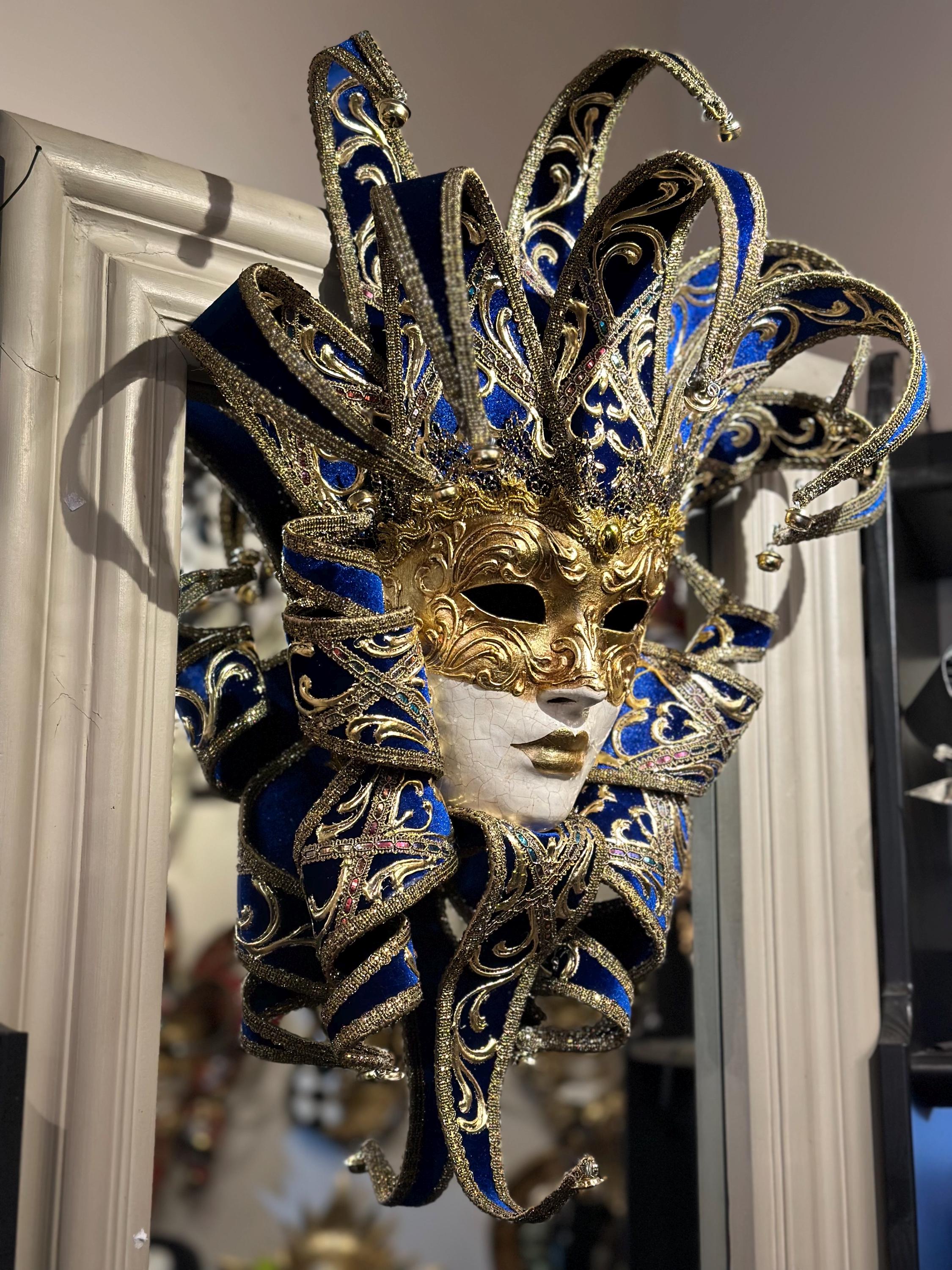 Venetian Jester mask full face with collar. Blue velvet with gold. Handmade Luxury Wall decoration ,home decor mask and bal masque.