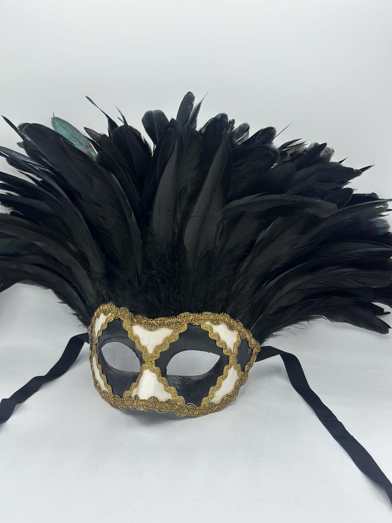May include: A black masquerade mask with white and gold accents and a black feather headdress.