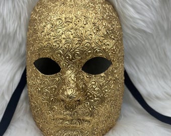 Máscara de teatro veneciana dorada hecha a mano – Diseño barroco de papel maché – Mascarada de lujo y decoración para el hogar