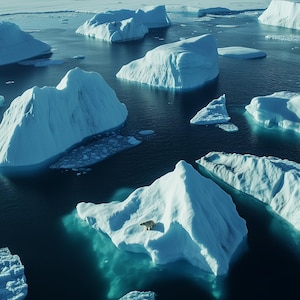 May include: An aerial view of a vast, icy landscape with numerous icebergs floating in a deep blue ocean. The icebergs are various shapes and sizes, with some appearing to be very large and others smaller and more fragmented. The water is clear and reflects the blue sky above.