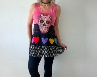 Whimsical Shirt Women's Skull Clothing Unique One of a Kind Peplum Top Zero Waste Clothes Stretchy Cotton Colorful Hearts Tank M 'AMELIA'