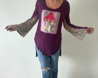Burgundy Shirt Mushroom Toadstool Tunic Upcycle Recycle Wearable Art Top Bohemian Chic Clothes Hippie Clothing Bell Sleeves M L 'EUGENIE