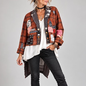 Upcycled Patchwork Jacket with Tails, One of a Kind Wearable Art, Rust Plaid Boho Jacket, Women’s Shabby Tuxedo Jacket 'ALEXIS'