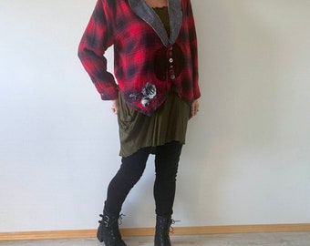 Rustic Plaid Jacket Fall Winter Red Flannel Shirt Upcycled Fashion Boho Clothing Shabby Chic Shirt Country Clothes L XL 1X 'DIONNE'