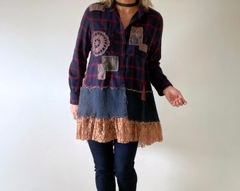 Upcycle Recycle Women's Shabby Top Plaid Rustic Shirt Farmhouse Clothing Loose Patch Top Hi Lo Shirt Country Style Tunic M L 'BRONWYN'