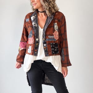 Upcycled Patchwork Jacket with Tails, One of a Kind Wearable Art, Rust Plaid Boho Jacket, Women’s Shabby Tuxedo Jacket 'ALEXIS'