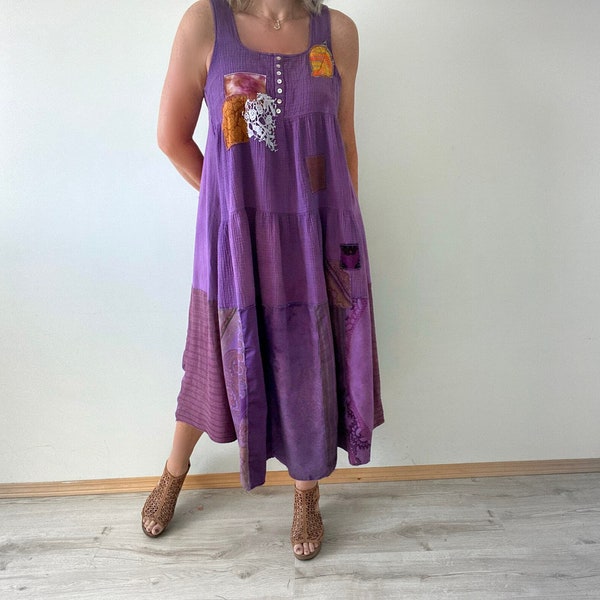 Boho Maxi Dress Shabby Dress Country Chic Clothes Recycled Altered Hippie Clothing Bohemian Frock Tiered Purple Dress L XL 'DANIELLE'