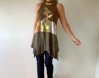 Extra Long Tank Flower Appliques Bohemian Clothing Stretchy Cotton Top Earth Tone Colors Boho Shirt One of a Kind Tunic M 'RAQUEL'