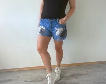 Women's Denim Shorts Hippie Style Upcycled Jeans Shabby Patch Shorts Country Clothing Boho Chic Clothes Cut off Shorts XL 14 16 'LAUREL'