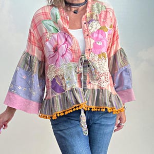 Boho Bell Sleeve Cardigan: Upcycled Romantic Ruffle Jacket, M-1X